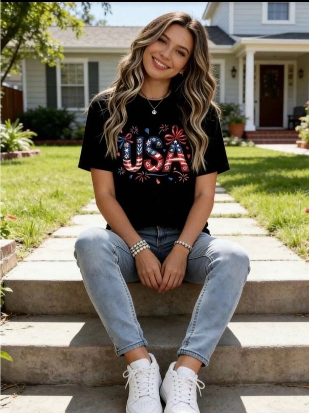 USA Patriotic Graphic Tee Black Fourth of July Fireworks Shirt American Casual - Picture 3 of 6